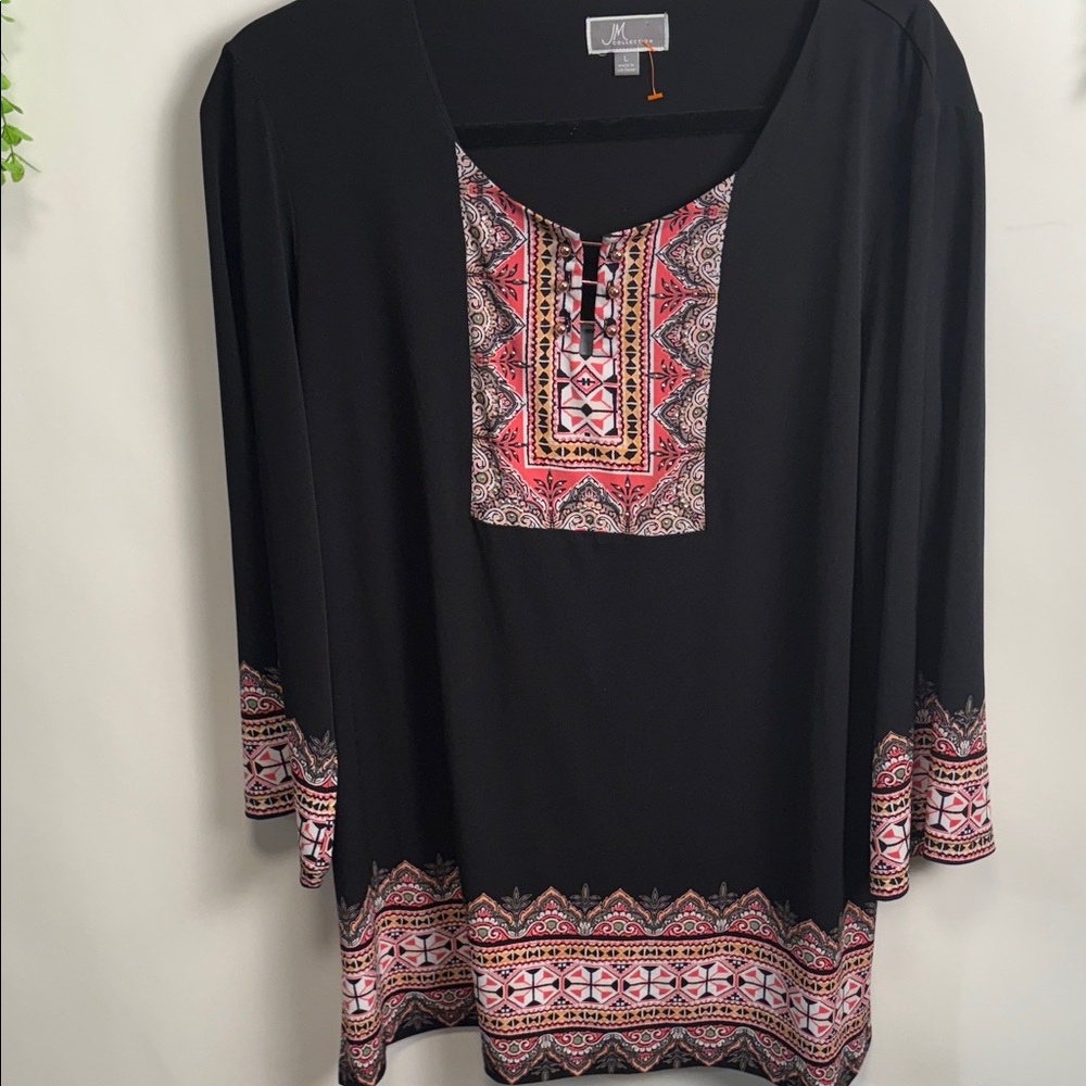 JM Collection Black Tunic with Pink Accents